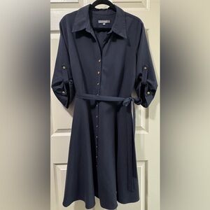 Sharagano Dark Blue 3/4 Sleeve Dress with Gold Accents